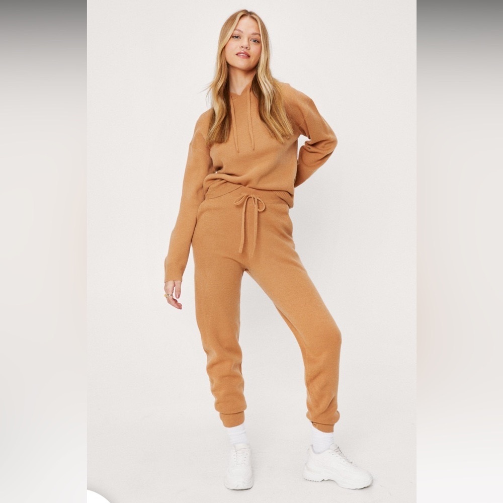 New tan knit jogger and hoodie set